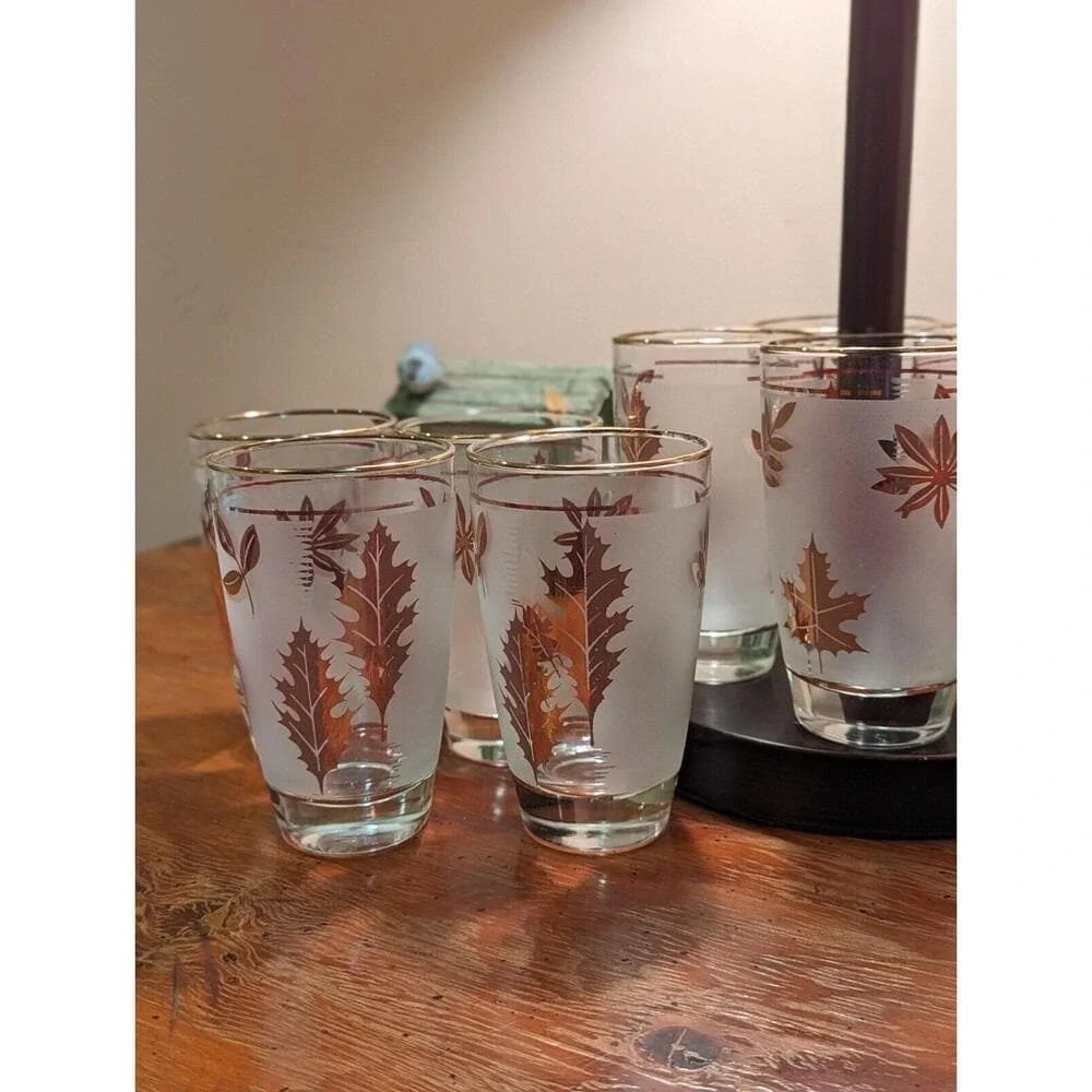 Vintage‎ MCM Gold Leaf Libbey Frosted Tumblers Set of 4 Cocktail Glasses